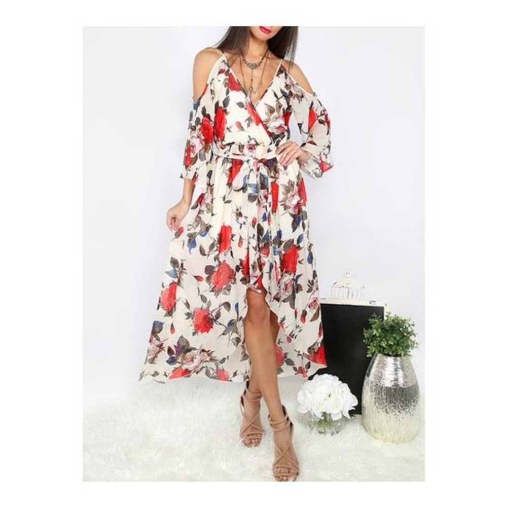 Multicolor'S Floral Tie Waist Cold Shoulder